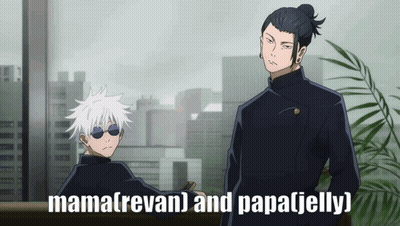 Two Anime Characters Standing Next To Each Other With The Words Mama Revan And Papa Jelly GIF