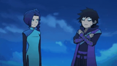 Two Anime Characters Standing Next To Each Other With Their Arms Crossed . GIF