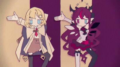 Two Anime Characters Standing Together On Purple Background GIF