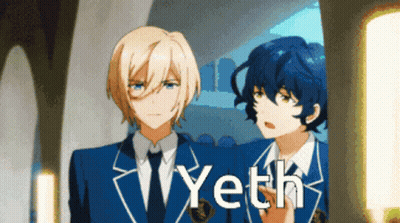 Two Anime Characters Standing Together Yeth GIF