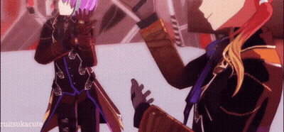 Two Anime Characters Standing With Purple And Red Hair GIF