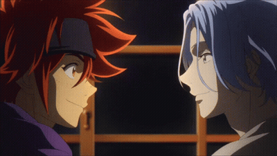 Two Anime Characters Staring One Red Hair GIF