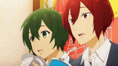Two Anime Characters With Green Hair And Red Hair Are Standing Next To Each Other And One Of Them Is Saying Eh ? GIF