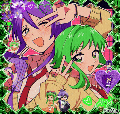 Two Anime Characters With Purple And Green Hair GIF