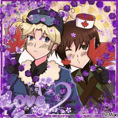 Two Anime Characters With Purple Flowers Saying Love GIF