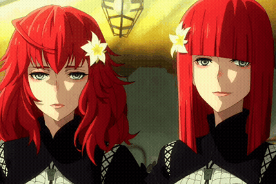 Two Anime Characters With Red Hair And Flowers In Hair GIF