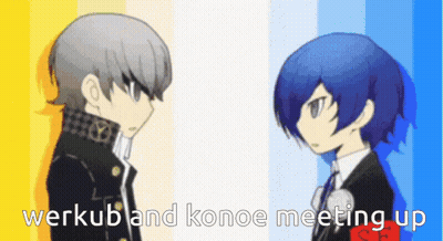 Two Anime Characters With Werkub And Konoe Meeting Up GIF