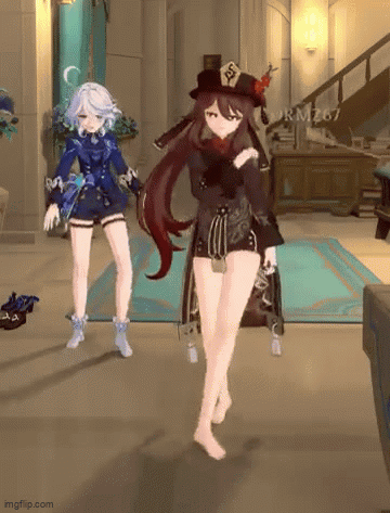 Two Anime Girls Are Dancing In A Room With A Staircase In The Background . GIF