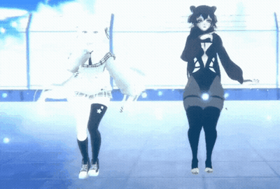 Two Anime Girls Are Dancing In Front Of A Blue Background GIF