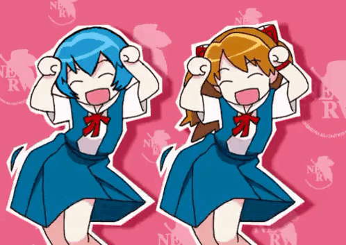 Two Anime Girls Are Dancing In Front Of A Pink Background With The Letters Nrw On It GIF