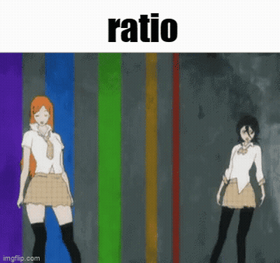 Two Anime Girls Are Dancing In Front Of A Rainbow Background And The Word Ratio Is Above Them GIF