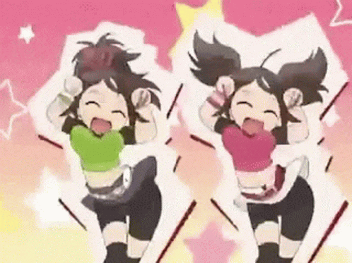 Two Anime Girls Are Dancing Together In A Pink And White Background . GIF