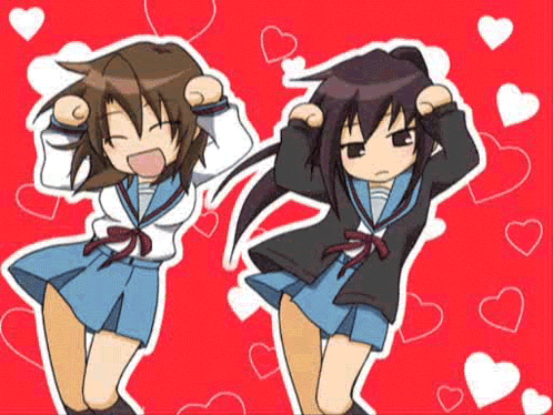 Two Anime Girls Are Dancing Together On A Red Background Surrounded By Hearts . GIF