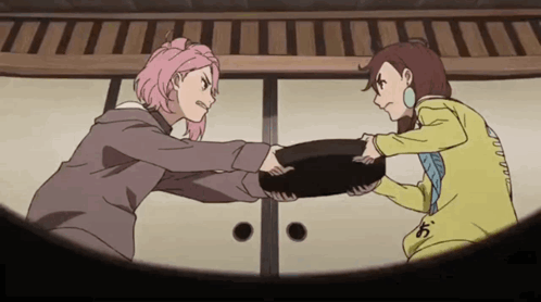 Two Anime Girls Are Fighting Over A Bowl And One Has The Letter O On The Back Of Her Shirt GIF