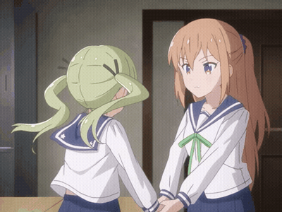 Two Anime Girls Are Holding Hands In A Room GIF