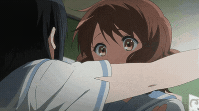 Two Anime Girls Are Hugging Each Other And One Has A Blue And White Striped Shirt GIF
