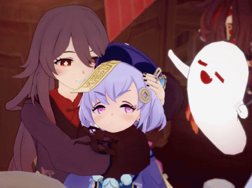 Two Anime Girls Are Hugging Each Other And One Has A Hat With Chinese Writing GIF