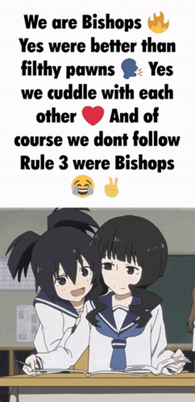 two anime girls are hugging each other in a classroom with a text that says we are bishops