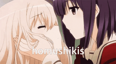 Two Anime Girls Are Kissing And The Word Homushikis Is On The Bottom Right GIF