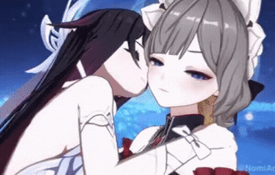 Two Anime Girls Are Kissing Each Other On The Cheek In A Video Game . GIF