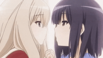 Two Anime Girls Are Kissing Each Other On The Forehead GIF