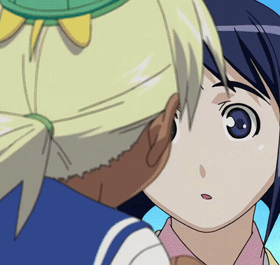 Two Anime Girls Are Looking At Each Other And One Has A Green Hat On Her Head GIF