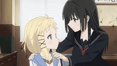 Two Anime Girls Are Looking At Each Other In A Room With Chinese Writing On The Wall Behind Them GIF