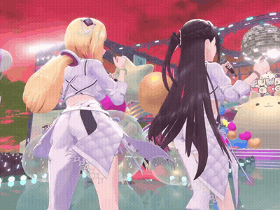 Two Anime Girls Are Singing In Front Of A Roller Coaster With A Sign That Says Uva Coco GIF