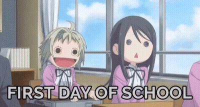 Two Anime Girls Are Sitting At Desks In A Classroom With The Words `` First Day Of School '' . GIF