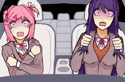 Two Anime Girls Are Sitting In A Car With Their Arms Crossed And One Has Purple Hair GIF