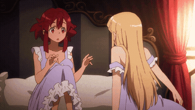 Two Anime Girls Are Sitting On A Bed And One Has Red Hair GIF