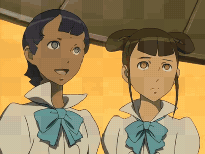 Two Anime Girls Are Standing Next To Each Other And Looking At Something GIF