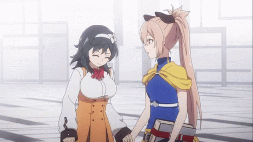 Two Anime Girls Are Standing Next To Each Other And One Has A Book In Her Hand GIF