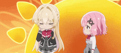 Two Anime Girls Are Standing Next To Each Other And One Has A Letter X On Her Hair GIF