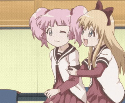 Two Anime Girls Are Standing Next To Each Other And One Has The Letter S On Her Shirt GIF