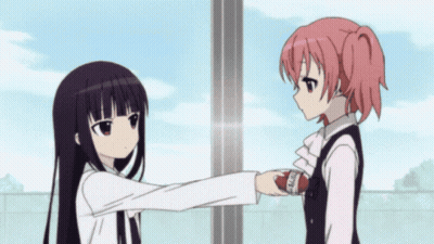 Two Anime Girls Are Standing Next To Each Other And One Of Them Is Holding Something In Her Hand That Says ' N ' On It GIF