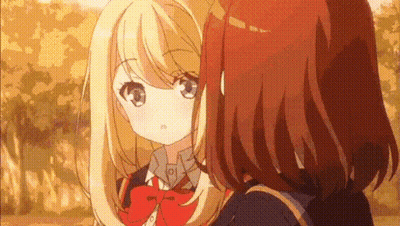 Two Anime Girls Are Standing Next To Each Other In A Park And Looking At Each Other . GIF
