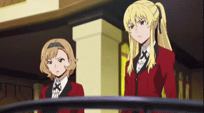 Two Anime Girls Are Standing Next To Each Other In A Room . GIF