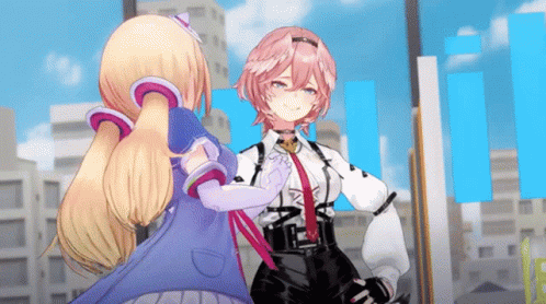 Two Anime Girls Are Standing Next To Each Other In Front Of A City GIF