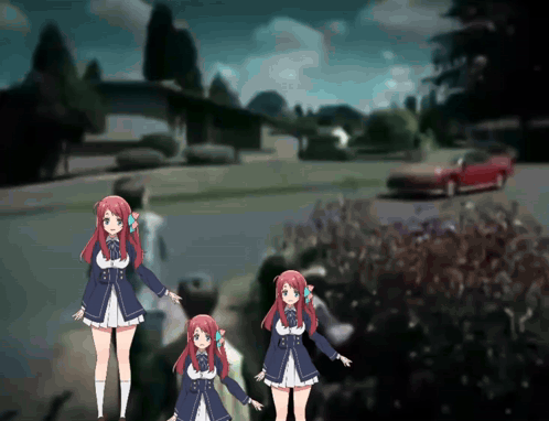 Two Anime Girls Are Standing Next To Each Other In Front Of A Red Car GIF