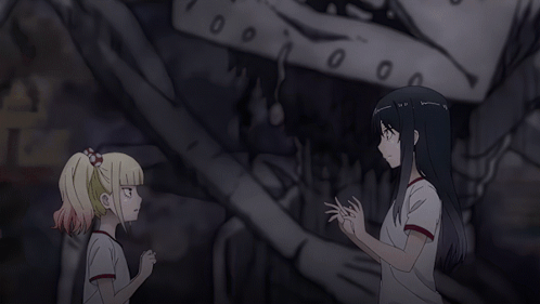 Two Anime Girls Are Standing Next To Each Other In Front Of A Wall With Numbers 0 And 0 On It GIF