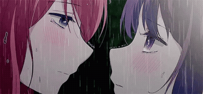 Two Anime Girls Are Standing Next To Each Other In The Rain And Kissing . GIF
