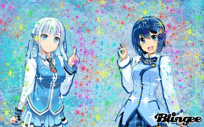 Two Anime Girls Are Standing Next To Each Other On A Blue Background . GIF