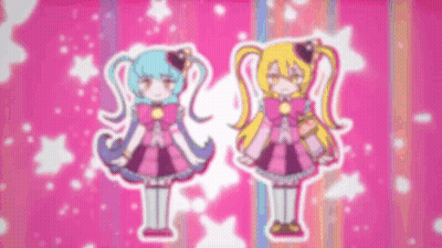 Two Anime Girls Are Standing Next To Each Other On A Pink Background With Stars . GIF