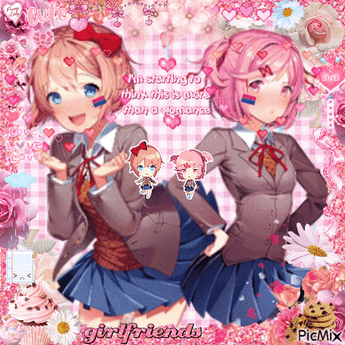 Two Anime Girls Are Standing Next To Each Other On A Pink Background With The Words " Girlfriends " On The Bottom GIF