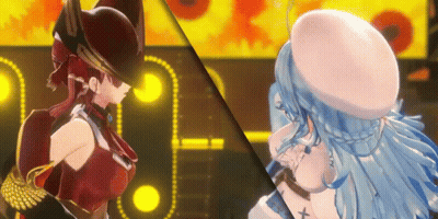 Two Anime Girls Are Standing Next To Each Other On A Stage . One Of The Girls Is Wearing A Pirate Hat . GIF