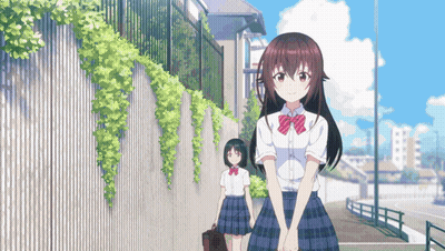 Two Anime Girls Are Standing Next To Each Other On The Sidewalk GIF