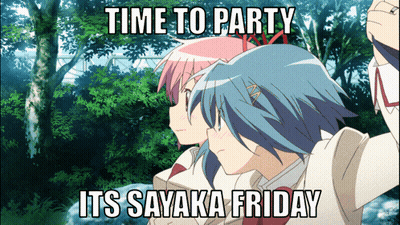 Two Anime Girls Are Standing Next To Each Other With A Meme That Says Time To Party It 'S Sayaka Friday GIF