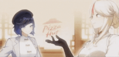 Two Anime Girls Are Standing Next To Each Other With A Pizza Hut Logo In The Background GIF