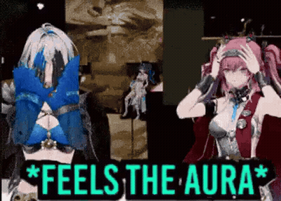 Two Anime Girls Are Standing Next To Each Other With A Sign That Says `` Feel The Aura '' . GIF